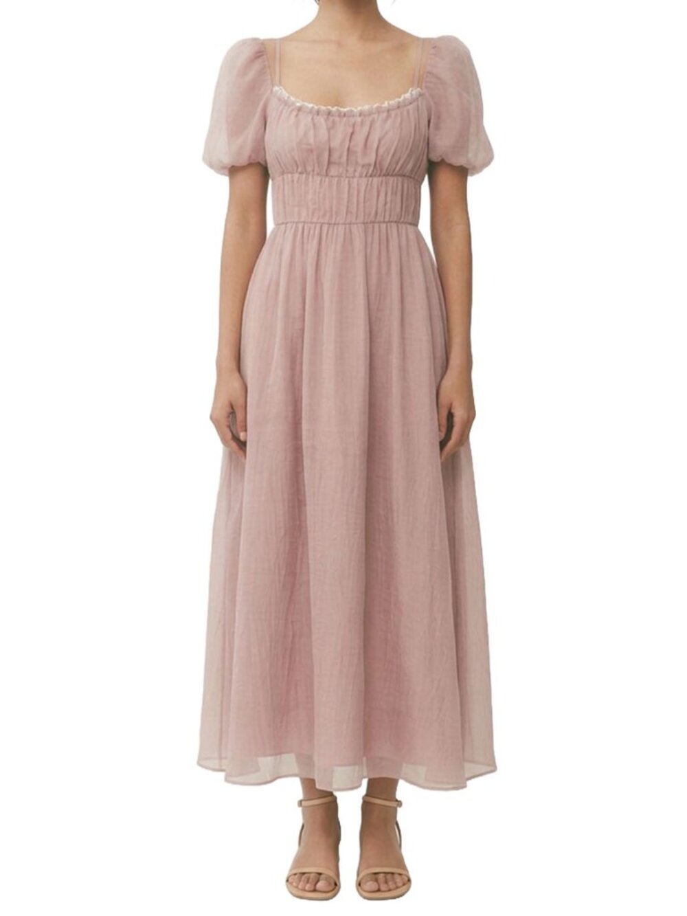 NWT Reformation Mayme Midi Dress Soft Pink Lace Trim Puff Sleeve 2
